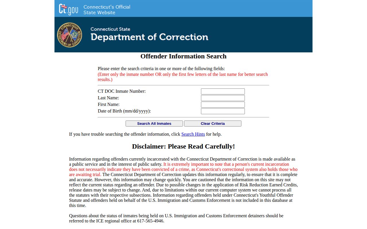 CT DOC search form for current custody after a Stamford arrest