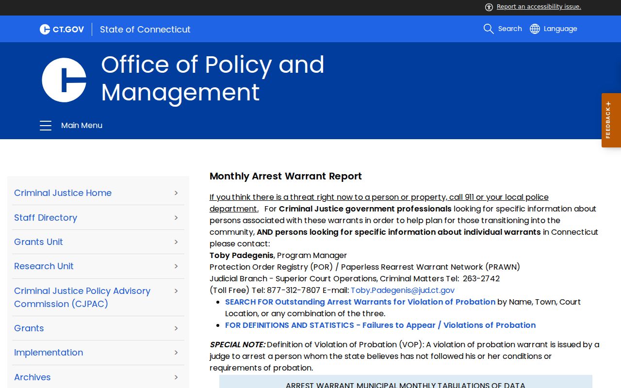 Official Connecticut violation-of-probation warrant record page serving Stamford